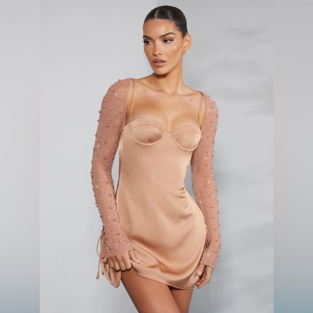 Oh Polly Tan Satin Dress with Beaded Sleeves